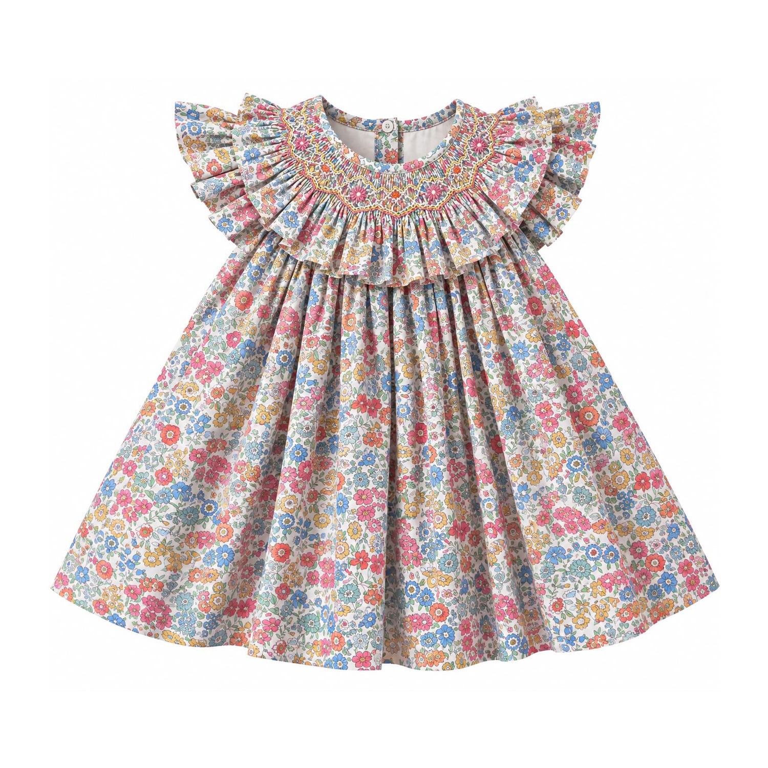 Vestido Cuello Nido Punto Smock - Flores Multicolor